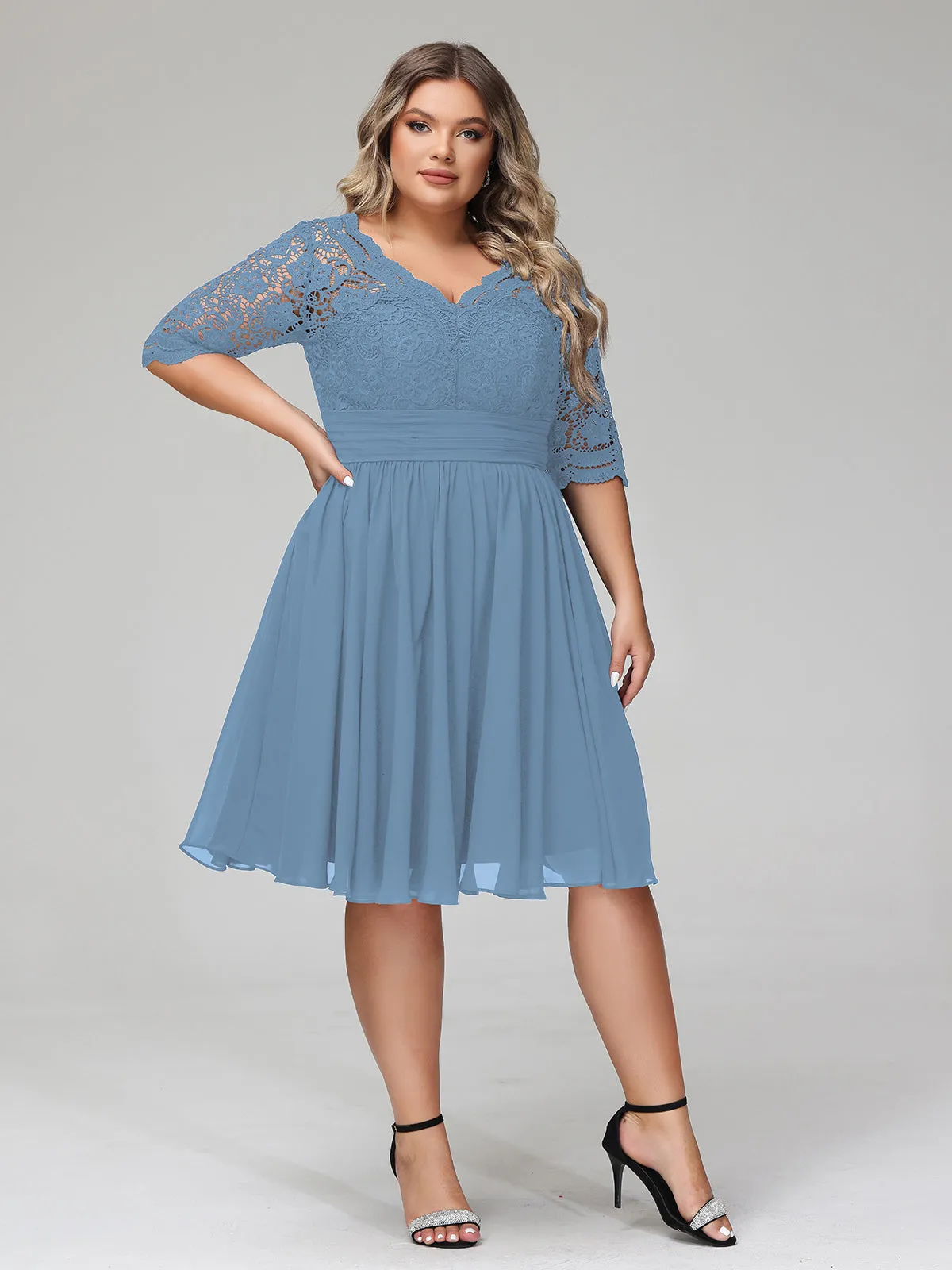 Lace and Chiffon Short Dress with Half Sleeves Slate Blue