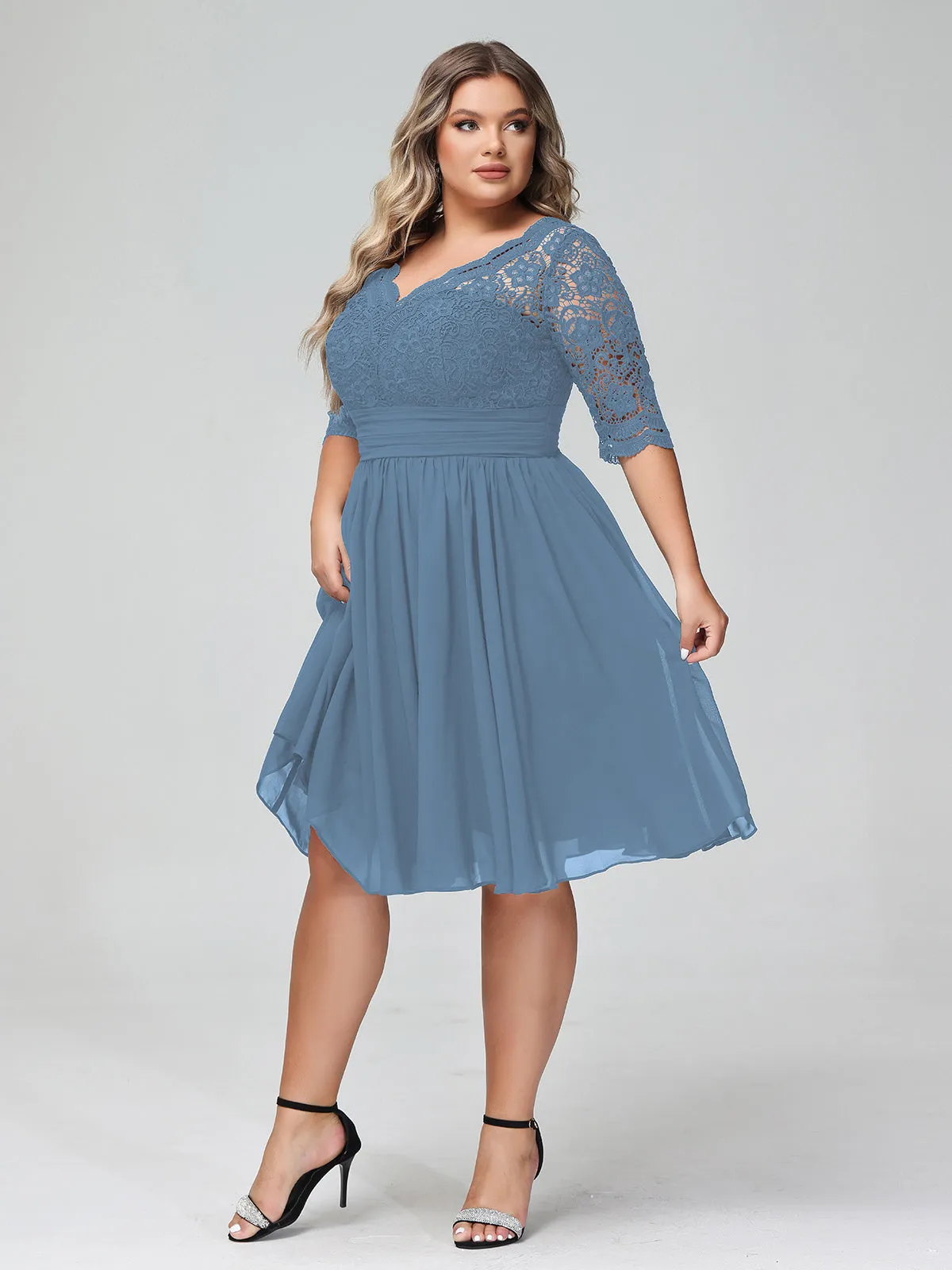 Lace and Chiffon Short Dress with Half Sleeves Slate Blue