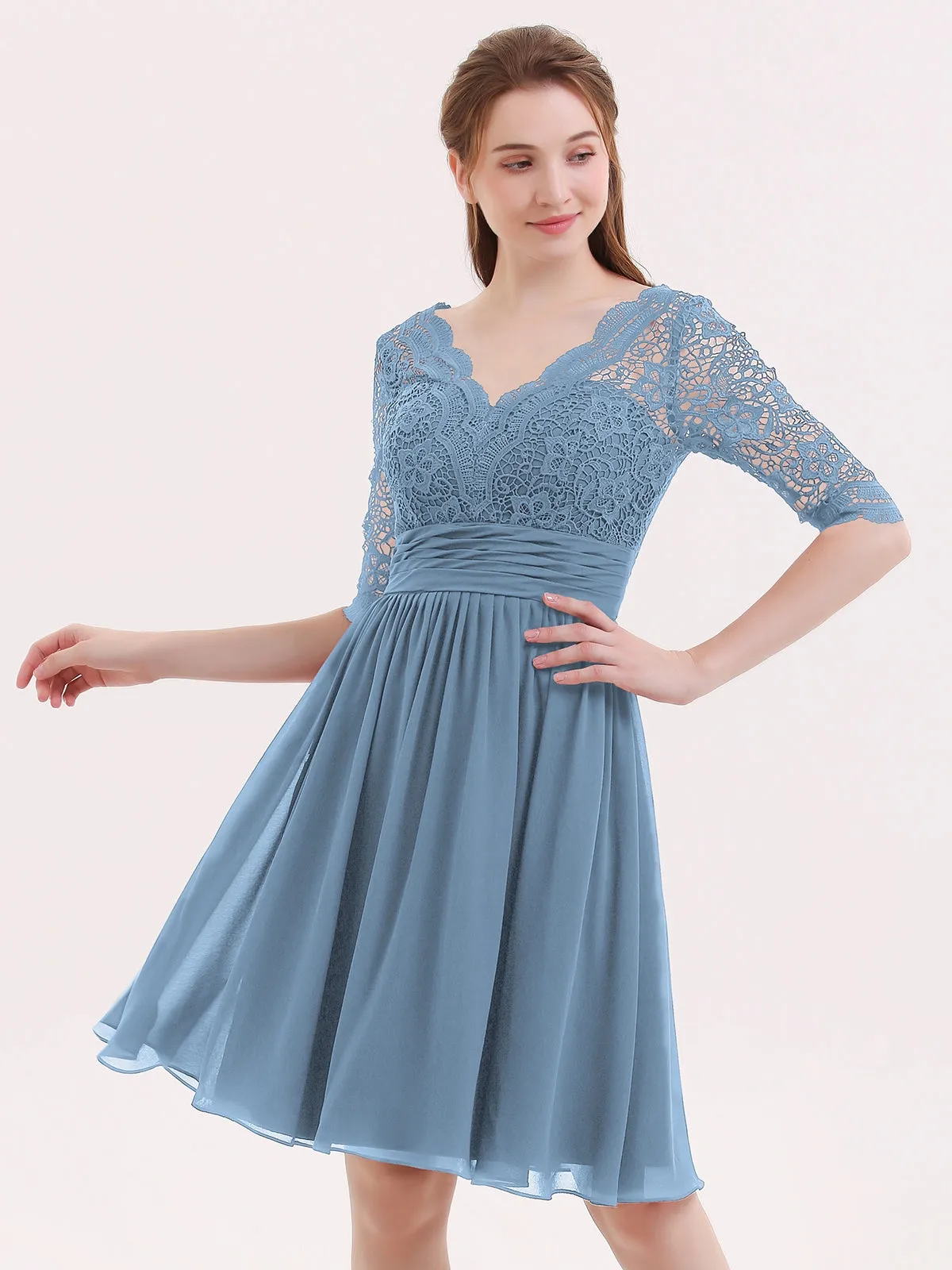 Lace and Chiffon Short Dress with Half Sleeves Slate Blue