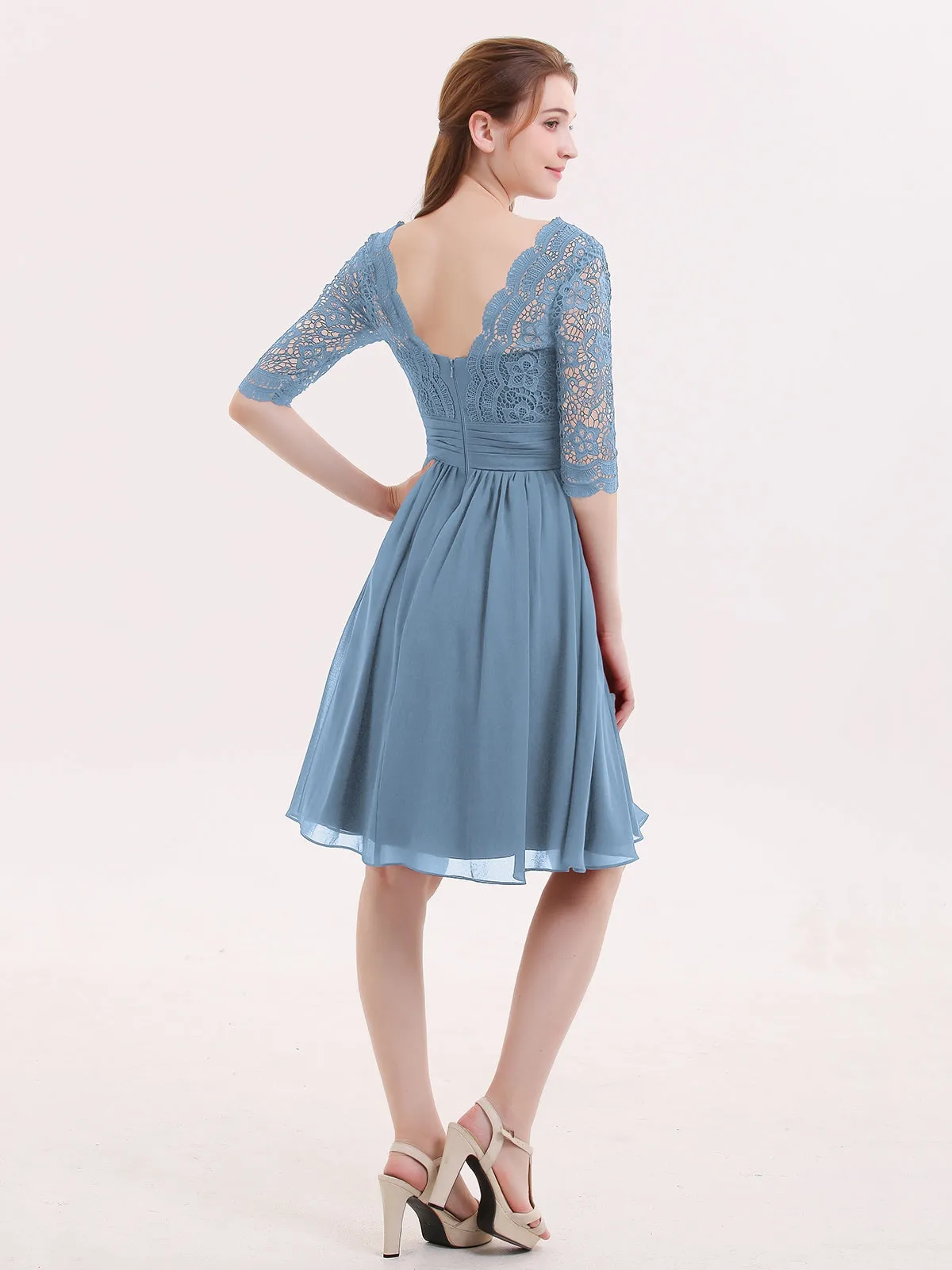 Lace and Chiffon Short Dress with Half Sleeves Slate Blue