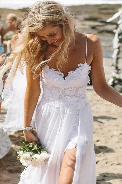 Lace Top Spaghetti Strap Chiffon White Beach Wedding Dress