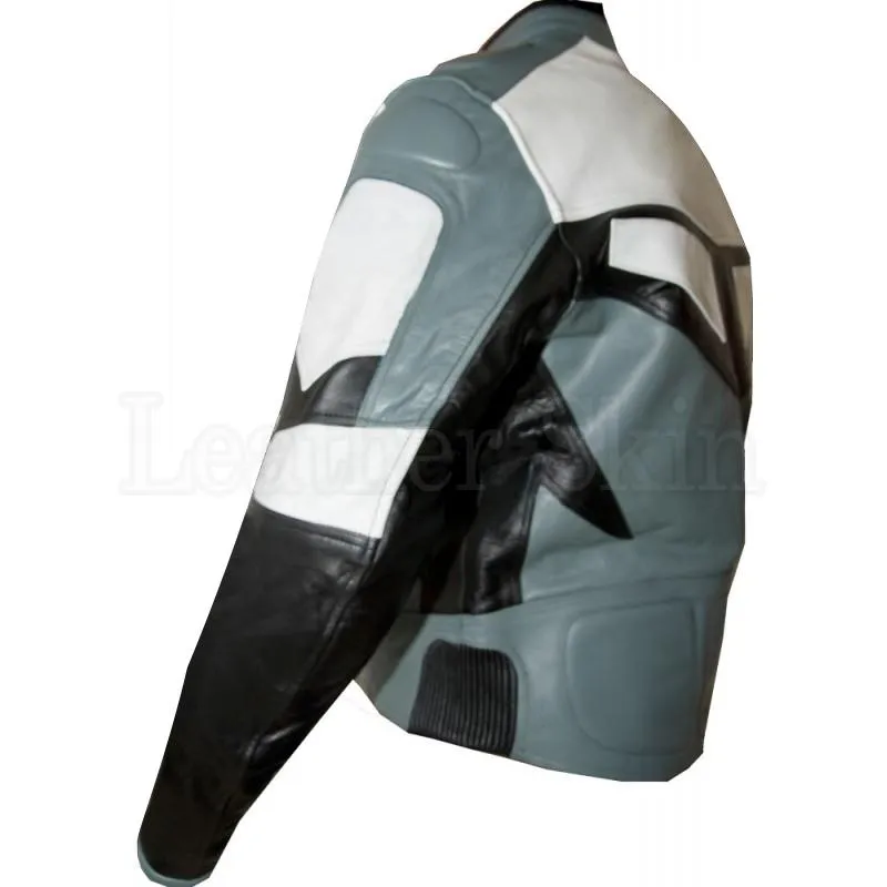 Leather Skin Gray White Biker Motorcycle Racing Premium Genuine Leather Jacket