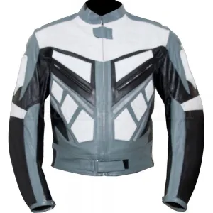 Leather Skin Gray White Biker Motorcycle Racing Premium Genuine Leather Jacket