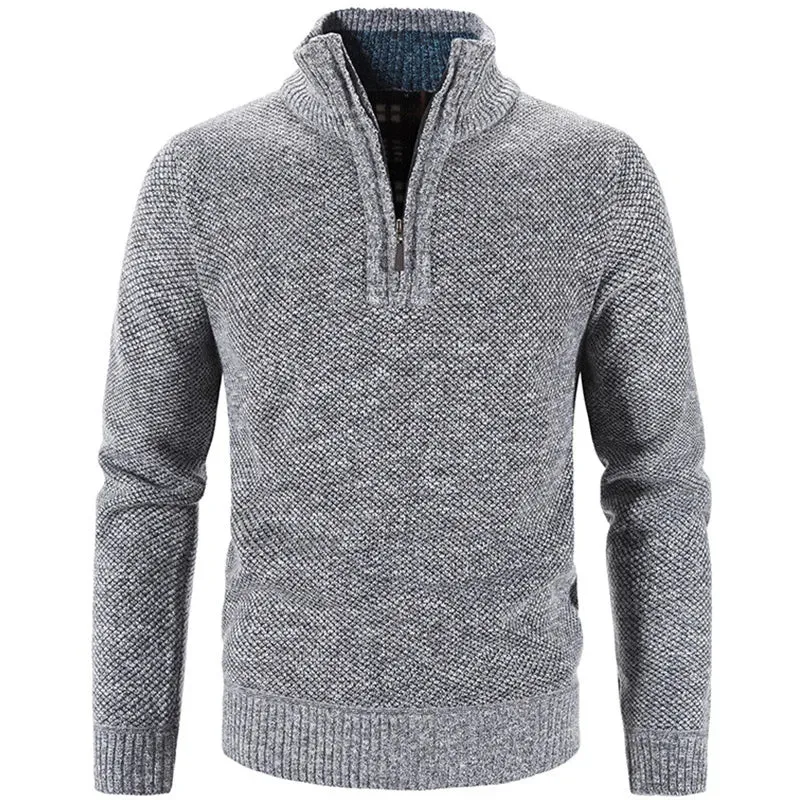 Long Sleeve Knitted Sweater Men Pullovers Solid Color Zipper Mock Neck Slim Fit Knit Pullovers Casual Sweater