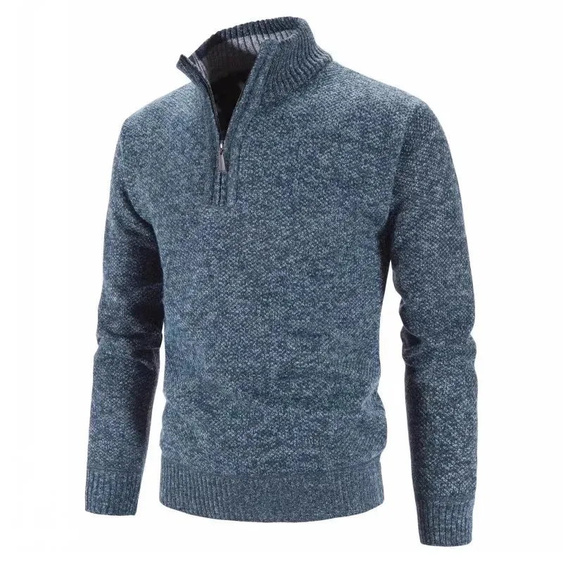 Long Sleeve Knitted Sweater Men Pullovers Solid Color Zipper Mock Neck Slim Fit Knit Pullovers Casual Sweater