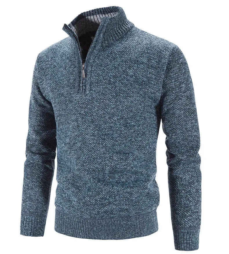 Long Sleeve Knitted Sweater Men Pullovers Solid Color Zipper Mock Neck Slim Fit Knit Pullovers Casual Sweater