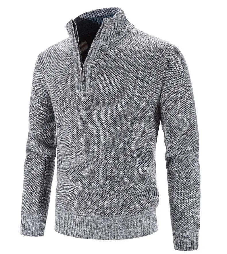 Long Sleeve Knitted Sweater Men Pullovers Solid Color Zipper Mock Neck Slim Fit Knit Pullovers Casual Sweater