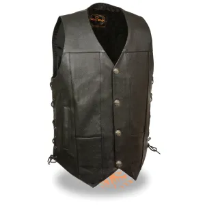 Milwaukee Leather LKM3701 Men's Black Leather Classic V-Neck Motorcycle Rider Vest w/ Buffalo Snaps and Side Laces