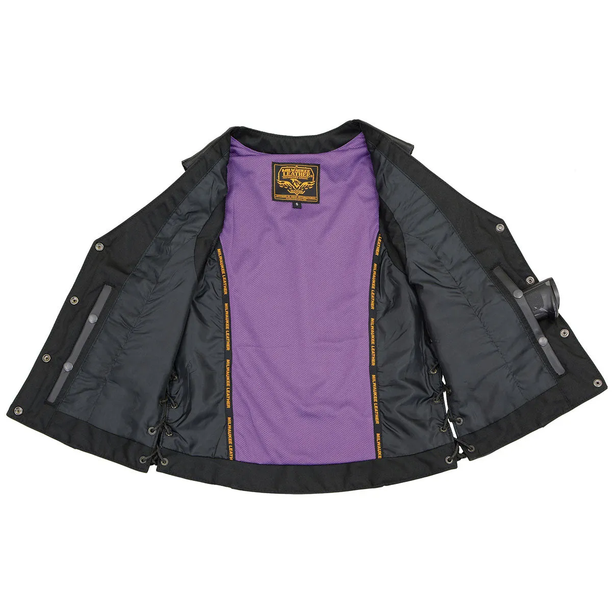 Milwaukee Leather ML1296 Women's Black/Purple Leather Side Laced Motorcycle Vest w/ Reflective Tribal