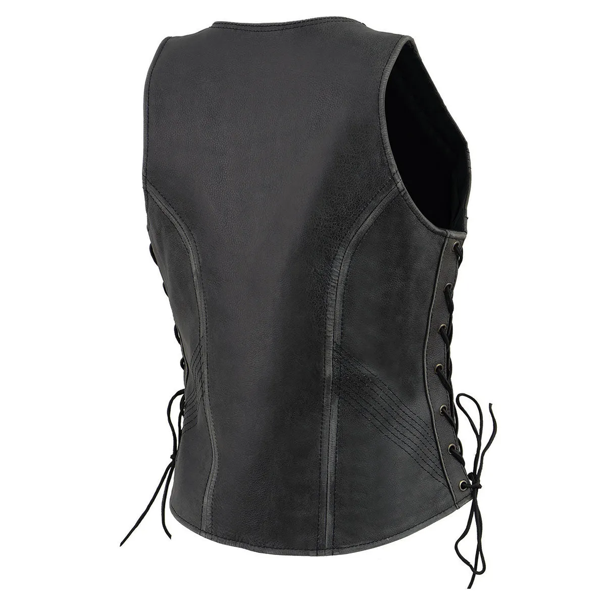 Milwaukee Leather MLL4531 Women's Distress Grey Leather Open V-Neck Side Lace Stitching Detail Motorcycle Rider Vest