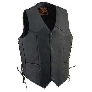 Milwaukee Leather SH1315 Men's Black Leather Classic V-Neck Side Lace Motorcycle Rider Vest w/ Front Snap Closure