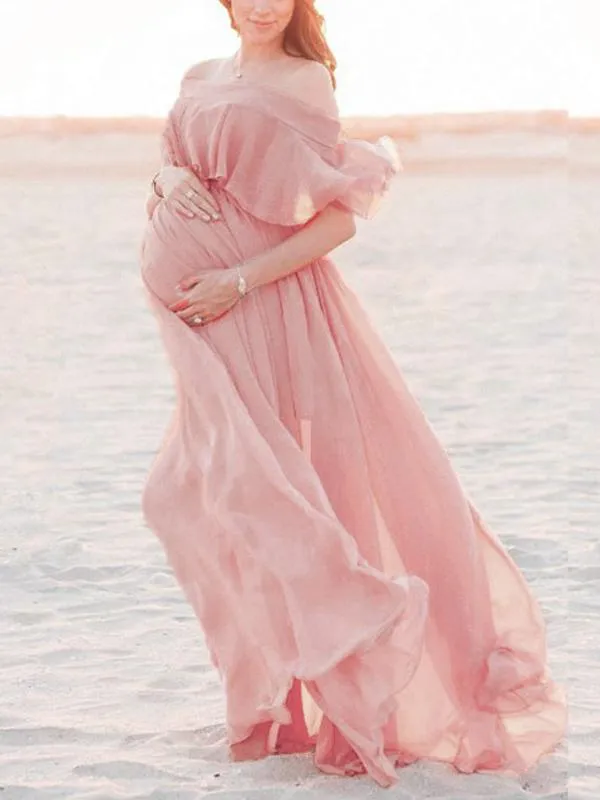 Momnfancy Ruffle Draped Off Shoulder Photoshoot Baby Shower Flowy Maternity Dress