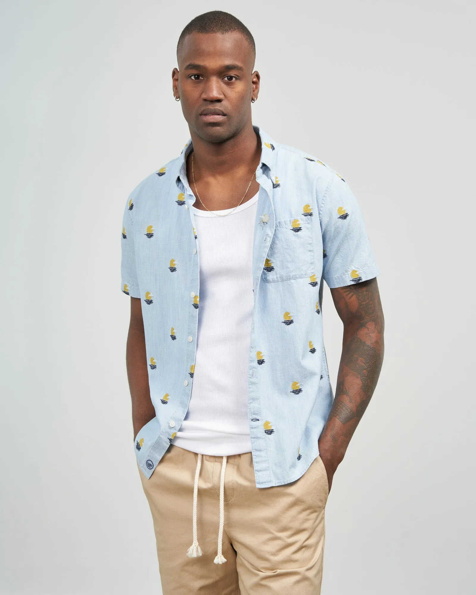 Organic Chambray Embroidered Short-Sleeve Button Down