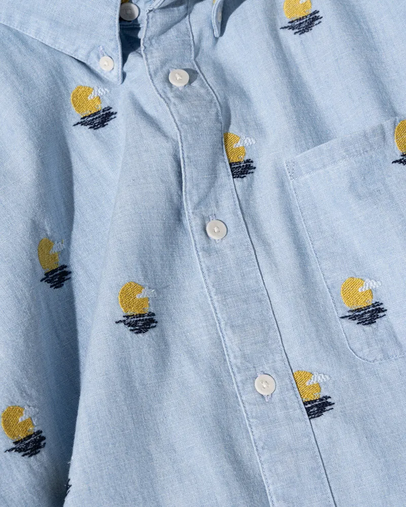 Organic Chambray Embroidered Short-Sleeve Button Down