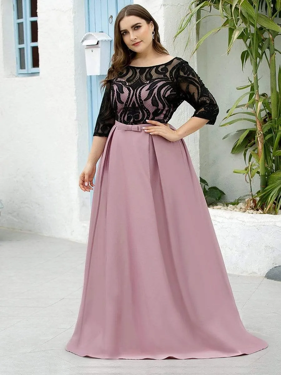 Plus Size Round Neck Formal Evening Gowns with Lace Sleeve