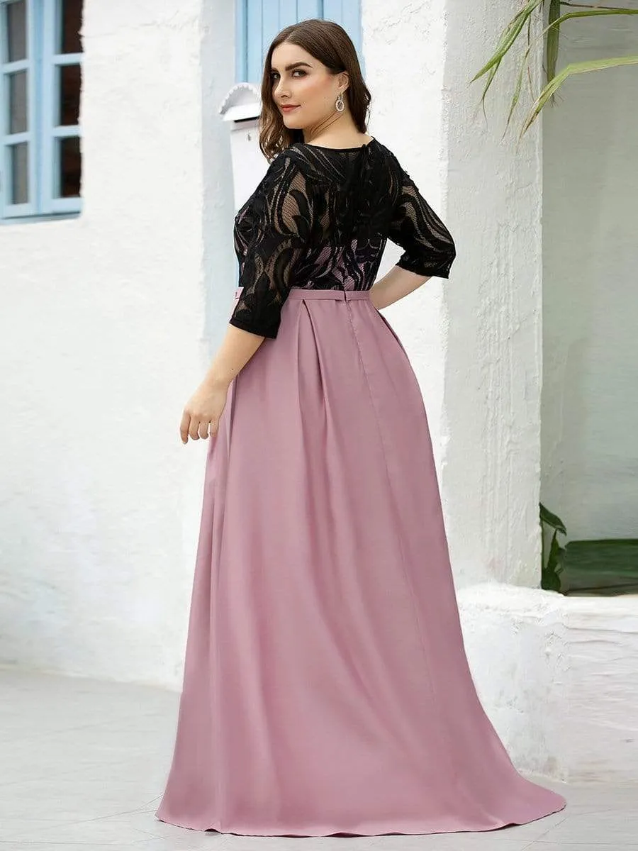 Plus Size Round Neck Formal Evening Gowns with Lace Sleeve