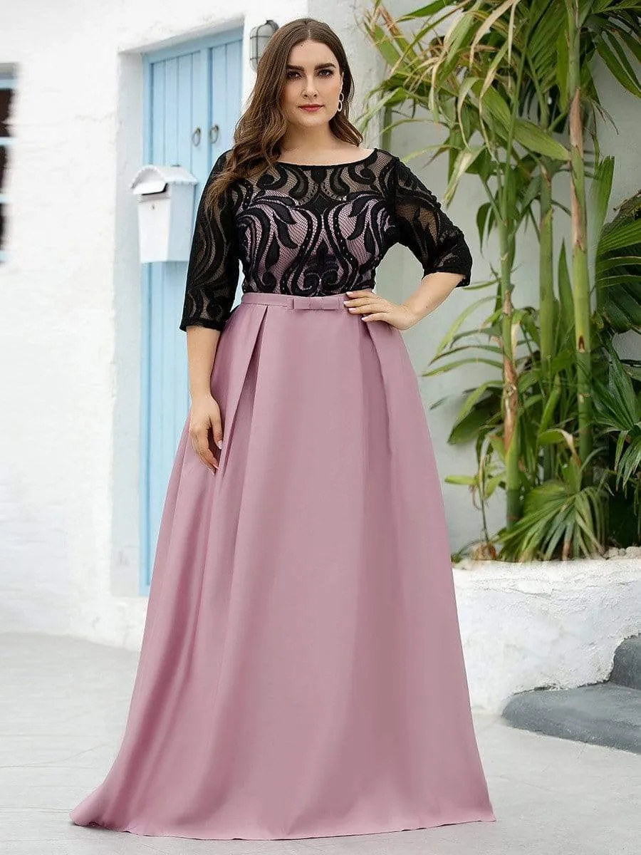 Plus Size Round Neck Formal Evening Gowns with Lace Sleeve