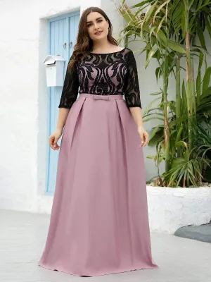 Plus Size Round Neck Formal Evening Gowns with Lace Sleeve