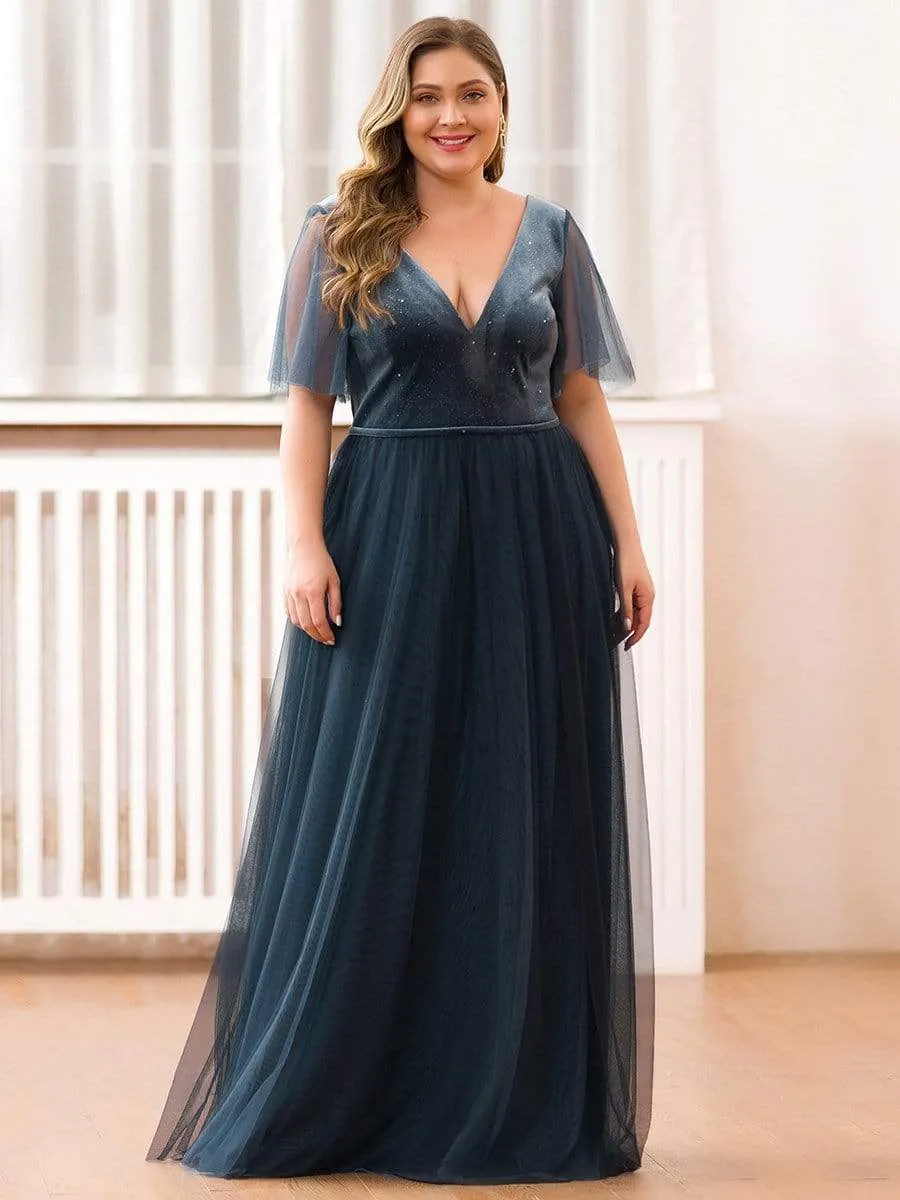 Plus Size V-Neck Short Sleeve Maxi Long Tulle Evening Dresses