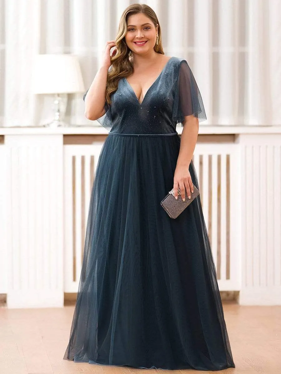 Plus Size V-Neck Short Sleeve Maxi Long Tulle Evening Dresses