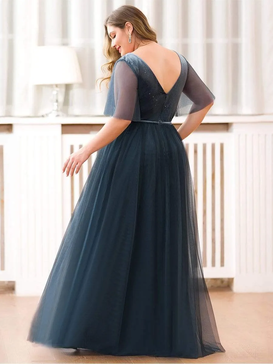 Plus Size V-Neck Short Sleeve Maxi Long Tulle Evening Dresses