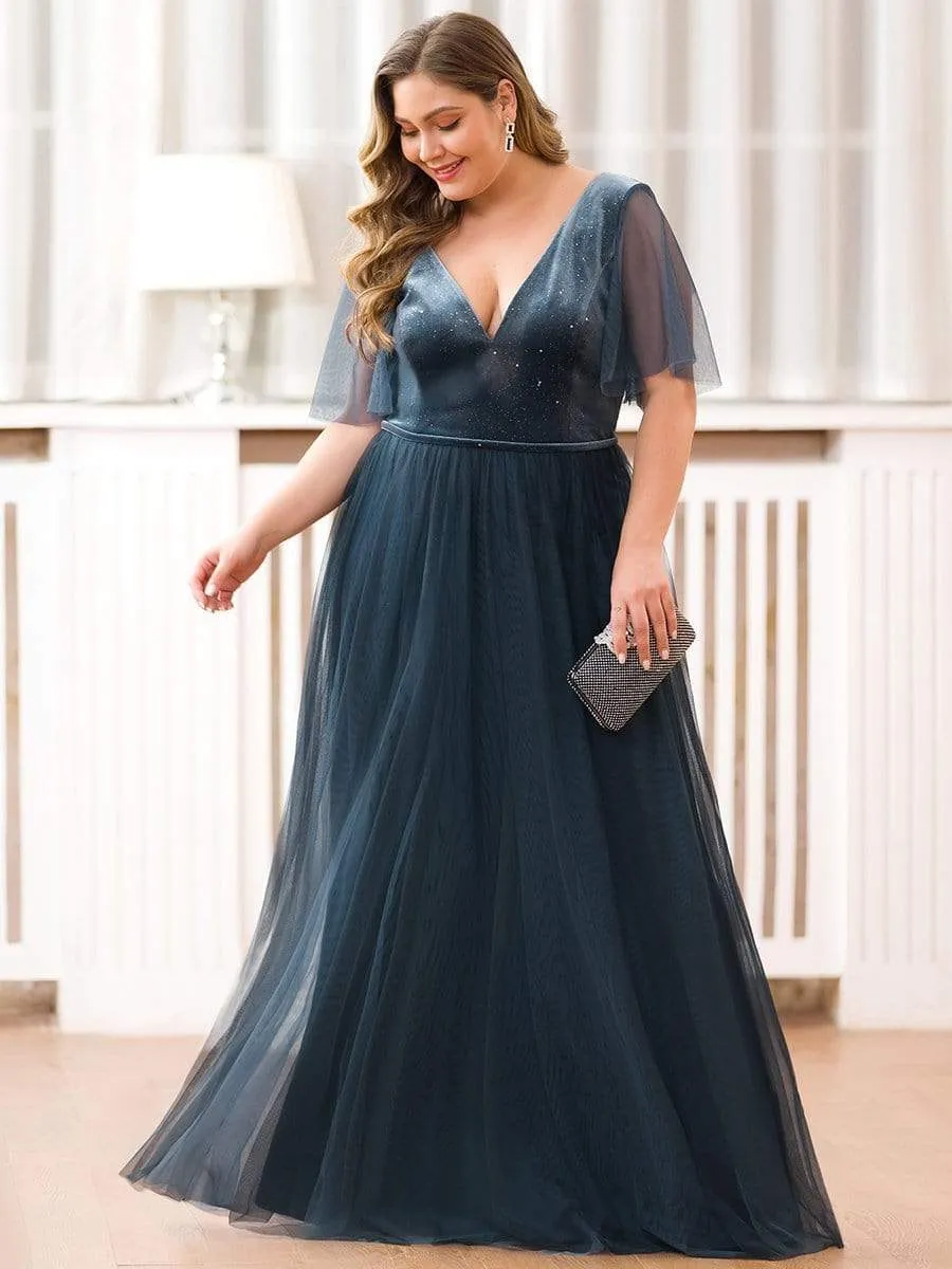 Plus Size V-Neck Short Sleeve Maxi Long Tulle Evening Dresses