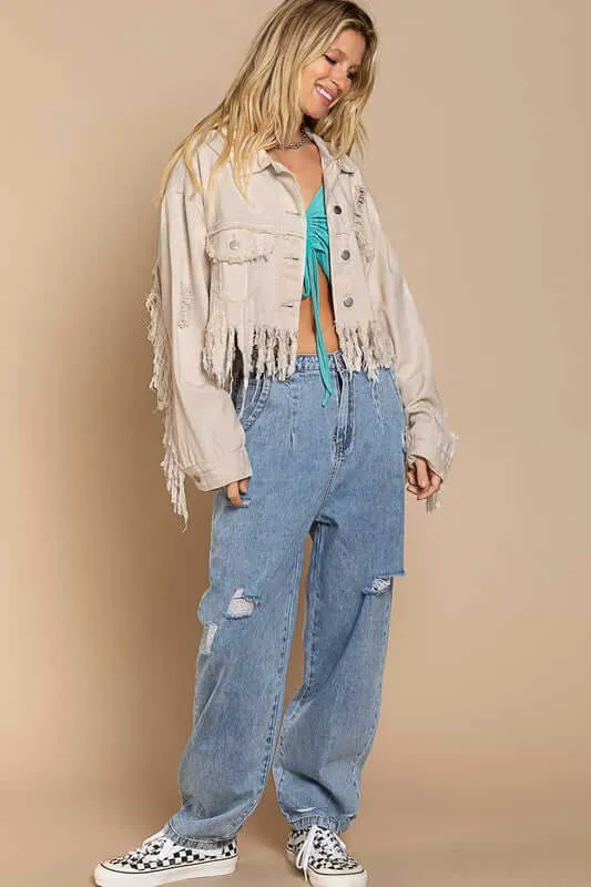 Plus Size Wester Fringe-Detailed Cropped Denim Jacket