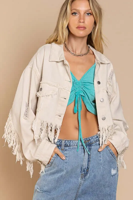 Plus Size Wester Fringe-Detailed Cropped Denim Jacket