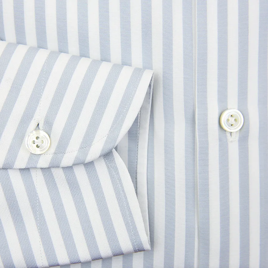 Poplin Semi Spread Shirt - White / Light Grey - Butcher Stripe - Regular Fit