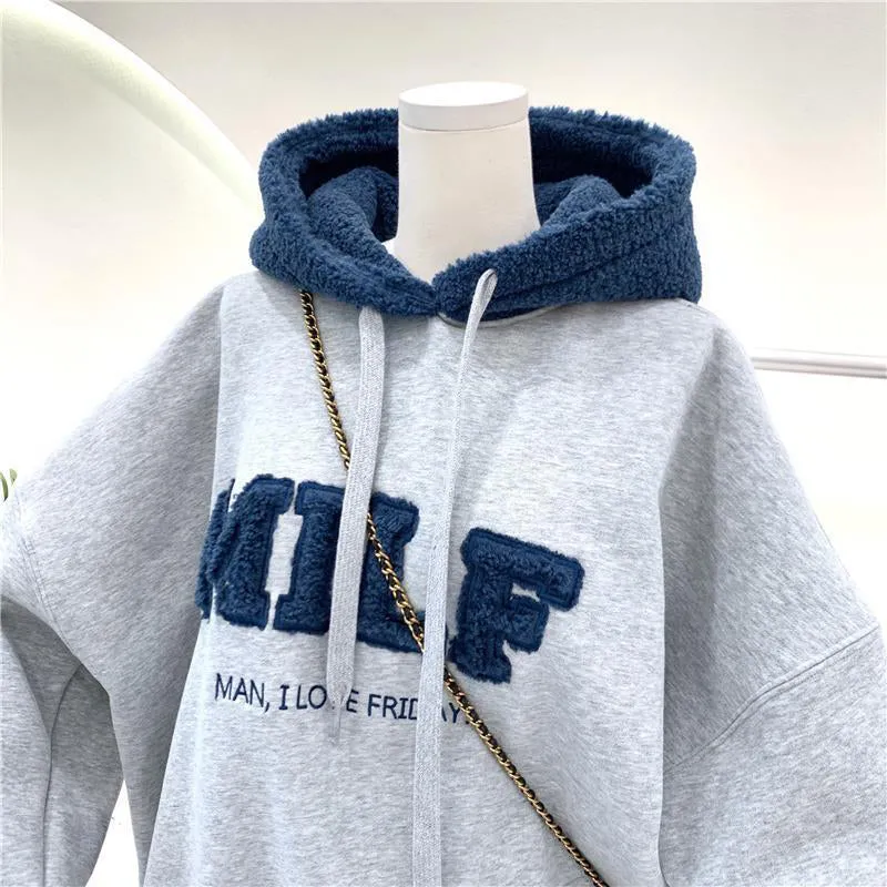 Purpdrank - Hoodies Women's Sweatshirts Letter Print Lamb Wool Pullovers Loose Korean Style Jacket Full Sleeve Casual Tops