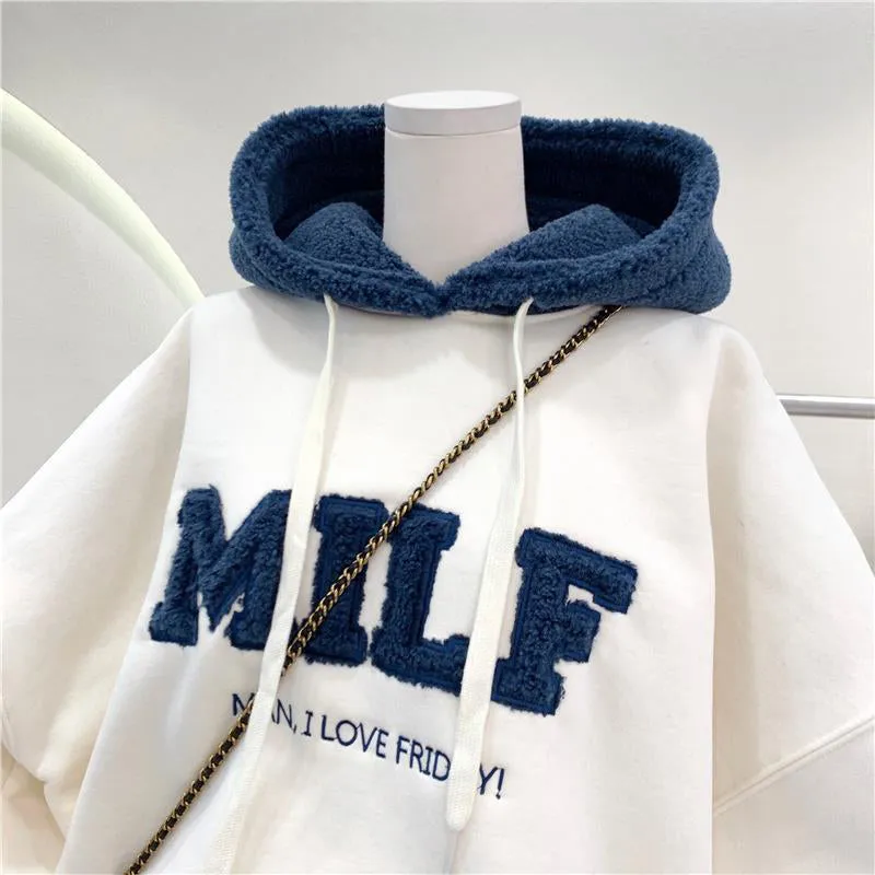 Purpdrank - Hoodies Women's Sweatshirts Letter Print Lamb Wool Pullovers Loose Korean Style Jacket Full Sleeve Casual Tops