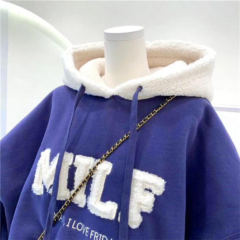 Purpdrank - Hoodies Women's Sweatshirts Letter Print Lamb Wool Pullovers Loose Korean Style Jacket Full Sleeve Casual Tops