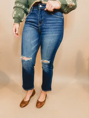 Rainey Distressed Cropped Mid Rise Jean - Dark Wash