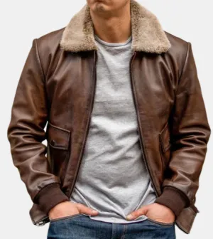 Raven Men's Brown Bomber Leather Jacket