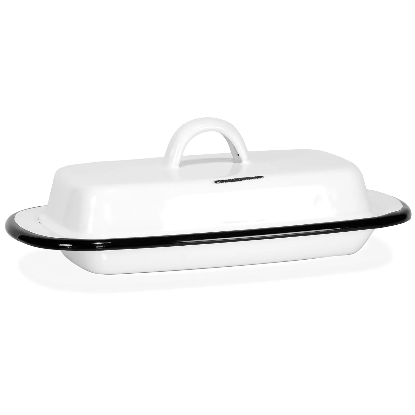 Red Co. 7.75” x 4.5” Enamelware Metal Cheese Server & Butter Dish Holder with Dome Lid, Distressed White/Black Rim