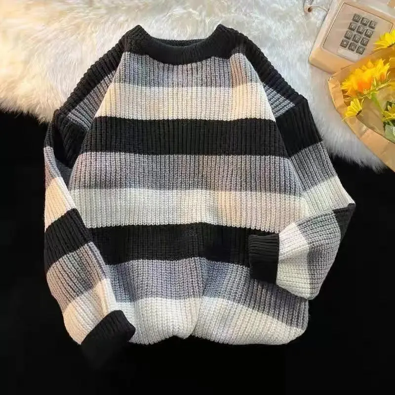 Riolio FALL OUTFITS Autumn and Winter Round Neck Striped Color Matching Trend Handsome Loose Soft Glutinous Thickened Oversize Knitted Sweater