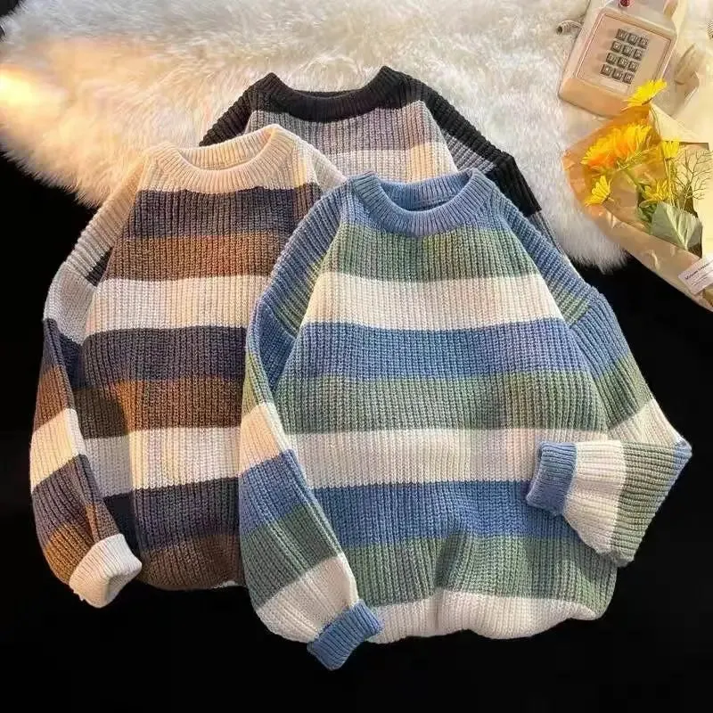 Riolio FALL OUTFITS Autumn and Winter Round Neck Striped Color Matching Trend Handsome Loose Soft Glutinous Thickened Oversize Knitted Sweater