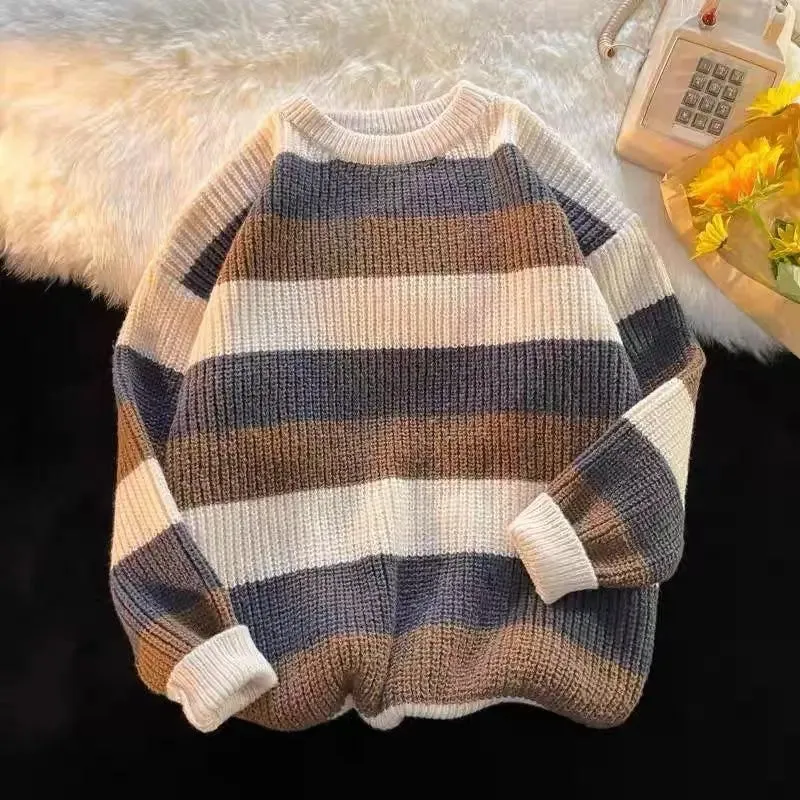 Riolio FALL OUTFITS Autumn and Winter Round Neck Striped Color Matching Trend Handsome Loose Soft Glutinous Thickened Oversize Knitted Sweater