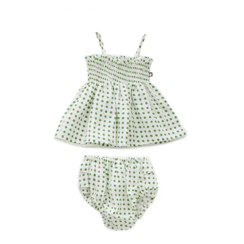 RUFFLE BLOOMER SET - White/Green Dot