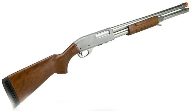 S&T M870 Type Full Metal Airsoft Training Shotgun Standard Version - Silver w/ Wood Stock