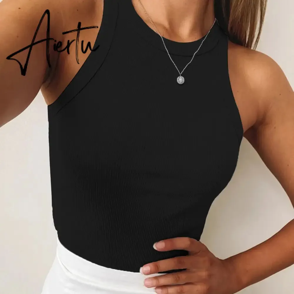 Sexy summer women collar vest showing navel bustier Breathable foursided elastic rib knitted fabric tank top women  Club  Street