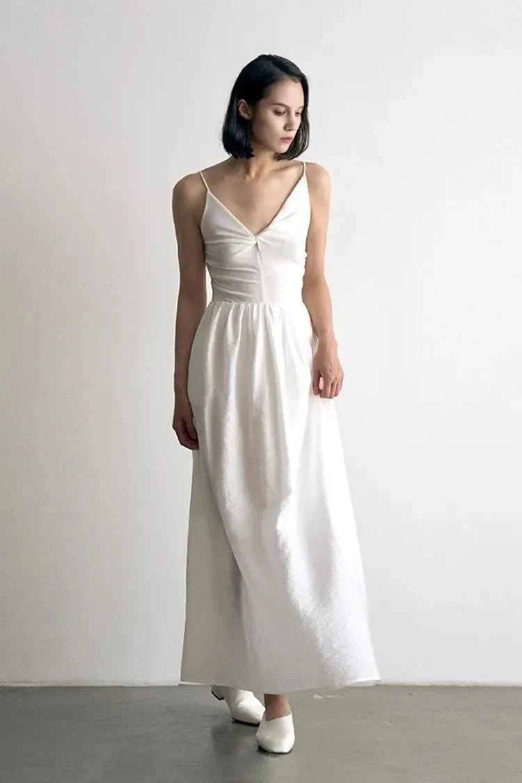 Tencel White Slip Maxi Dress with Front Twist