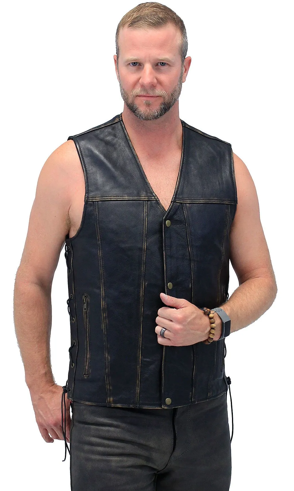 Vintage Brown Side Lace Concealed Pocket Straight Bottom Vest #VMA2612GN ()