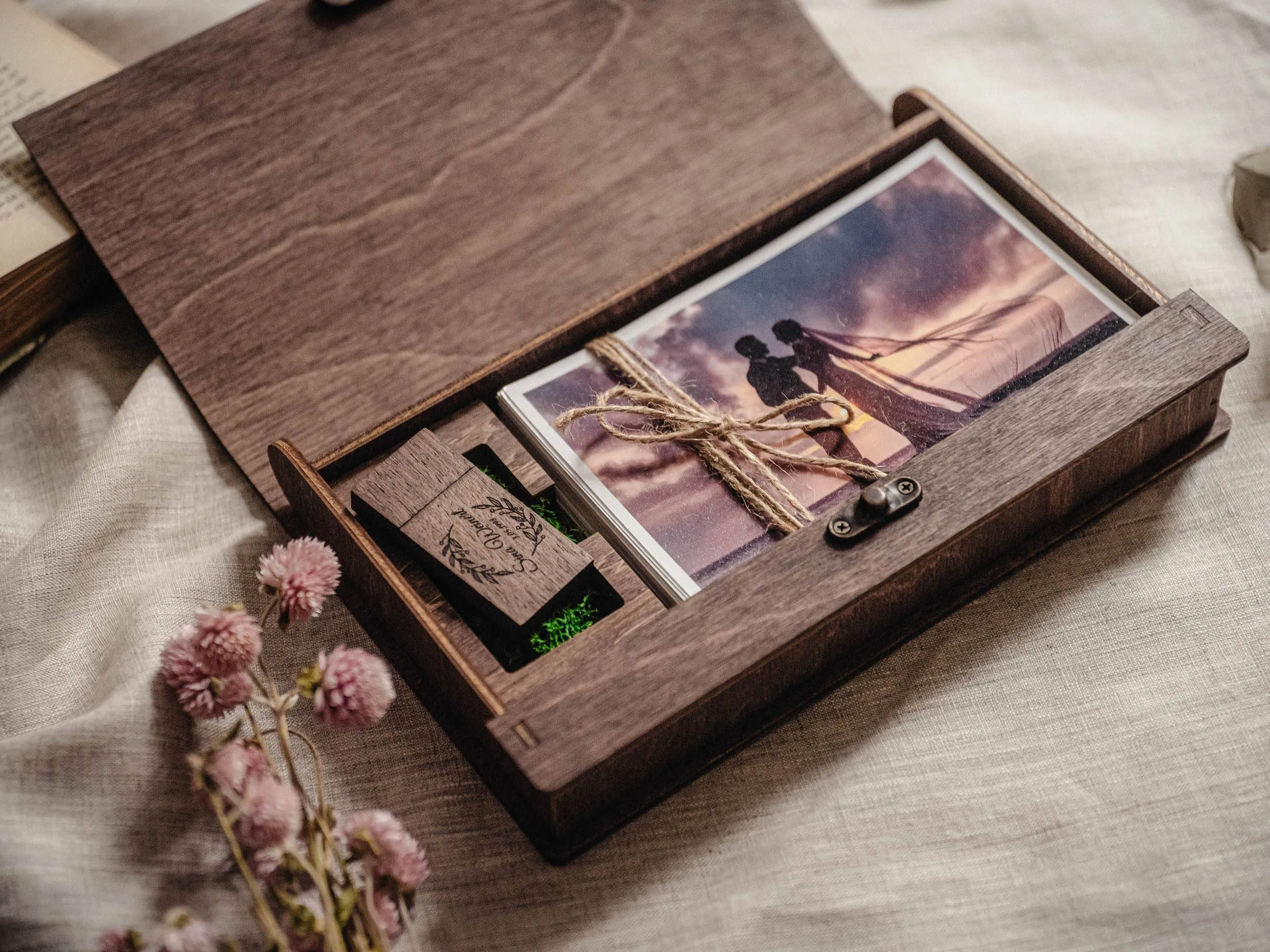 Walnut Wooden Photo Box & USB Drive for Wedding Memories