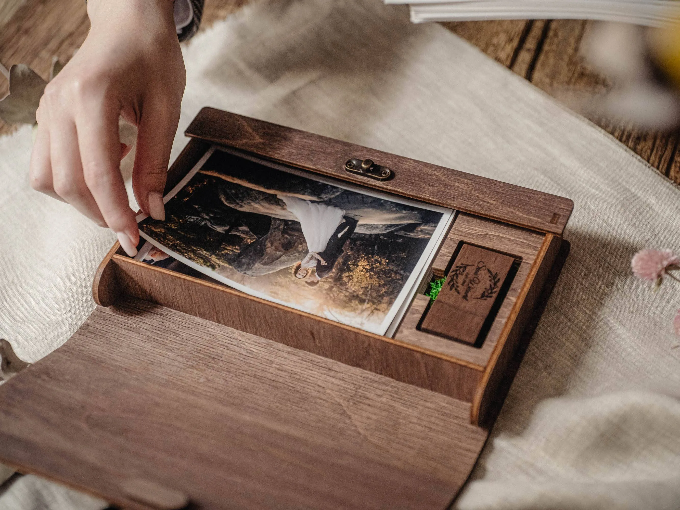 Walnut Wooden Photo Box & USB Drive for Wedding Memories