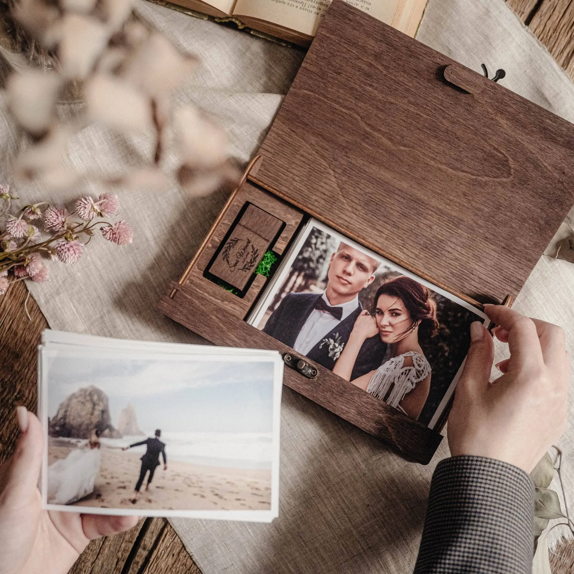 Walnut Wooden Photo Box & USB Drive for Wedding Memories