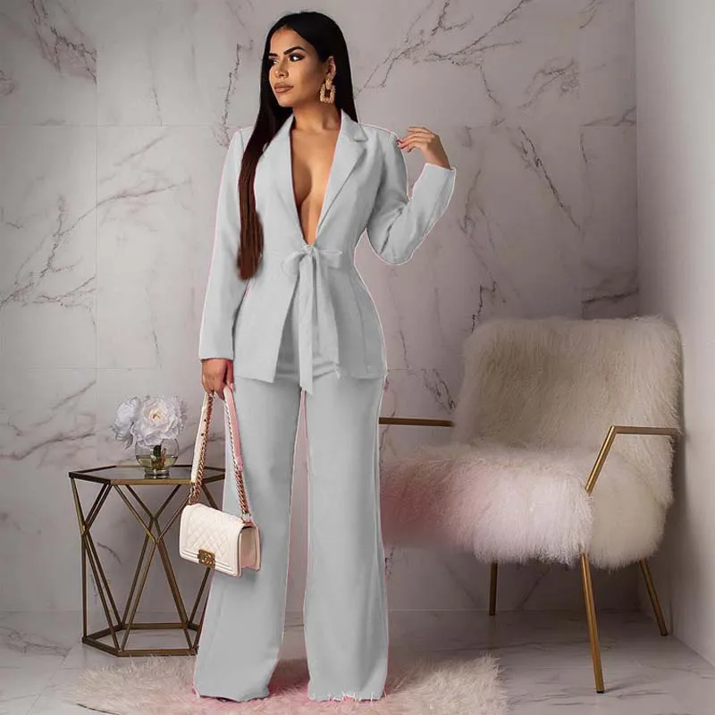 Women Business Suit Set Office Wear Two Piece Blazer Fashion Casual Professional Woman Suit With Waist Tied Jacket And Pants Set