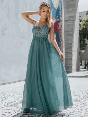 Women's A-Line V-Neck Floral Lace Appliques Bridesmaid Dress