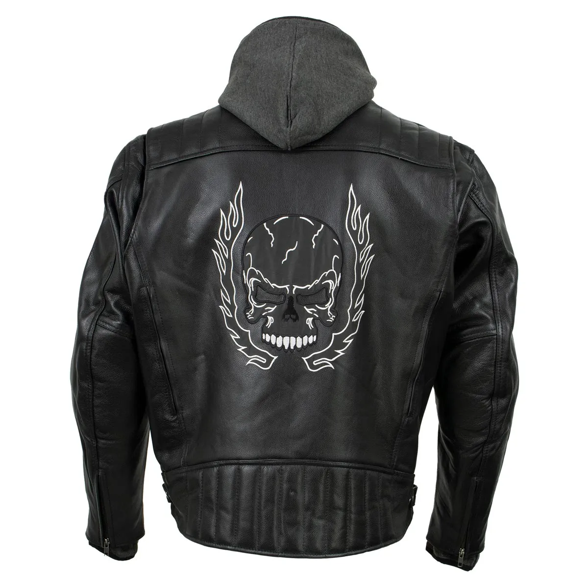 Xelement BXU573 Men's Black 'Alibi' Armored Leather Motorcycle Jacket with Skull Embroidery and Hoodie