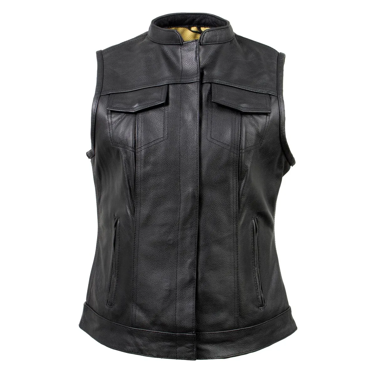 Xelement Gold XS24007 Women's 'Tara' Black Leather Motorcycle Rider 2 in 1 Hoodie Jacket with Convertible Vest